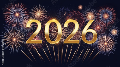 Vibrant fireworks display celebrating new year 2026 with gold numbers on dark background