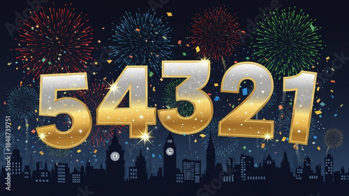 Countdown to celebration with large gold numbers and fireworks exploding in night sky over cityscape