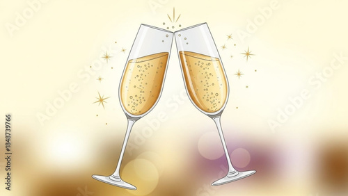 Two champagne flutes clinking together with golden liquid and bubbles on a blurred bokeh background with sparkles