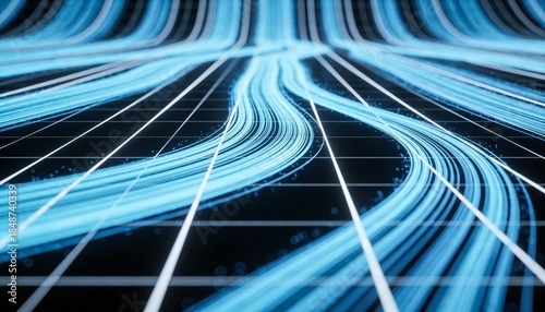 Abstract Flowing Lines with Blue Light Against a Dark Background for Digital Design and Technology Concepts