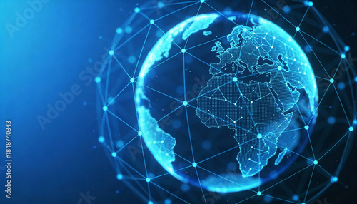 Futuristic Blue Globe with Network Connections Representing Global Communication and Digital Data Exchange