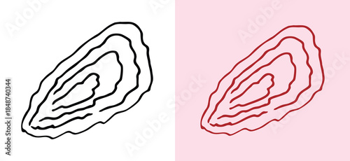 Vector illustration of an oyster shell. Set includes hand drawn line art and red-toned versions. Keyword-rich design for seafood restaurants and nautical themes.
