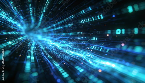 Abstract Data Stream Flow with Digital Binary Code in Vibrant Blue and Light Effects