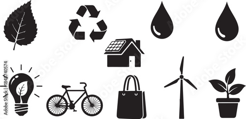 Black icons representing green energy and nature