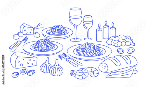 Minimal Hand Drawn Italian Dinner Food Vector Illustration, easily editable. 