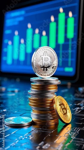 BitcoinCoinStackwithTechBackground