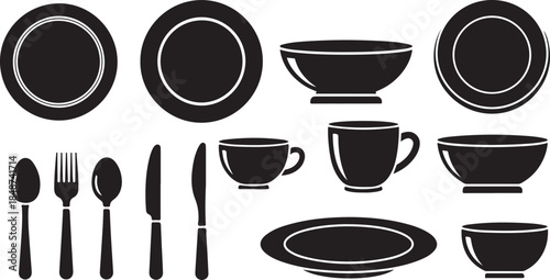 Black silhouette set of dishware and cutlery icons