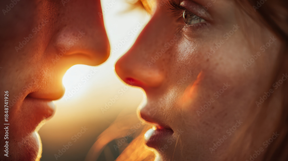 Obraz premium Intimate moment between a couple showing close facial profiles illuminated by warm golden hour sunlight highlighting tender emotions and connection