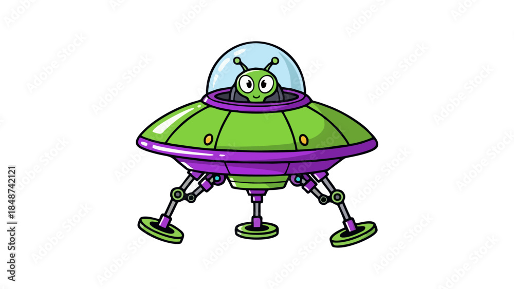 Obraz premium Cute Cartoon Alien in a Flying Saucer UFO Spaceship Illustration for Kids and Sci Fi