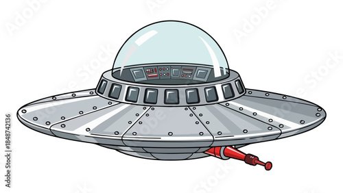 Retro Flying Saucer UFO Spaceship Illustration Vintage Alien Craft with Control Panel