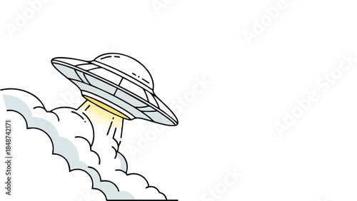 Retro Flying Saucer UFO Descending Through Clouds with Beam of Light Sci Fi Space Alien Invasion Concept Art
