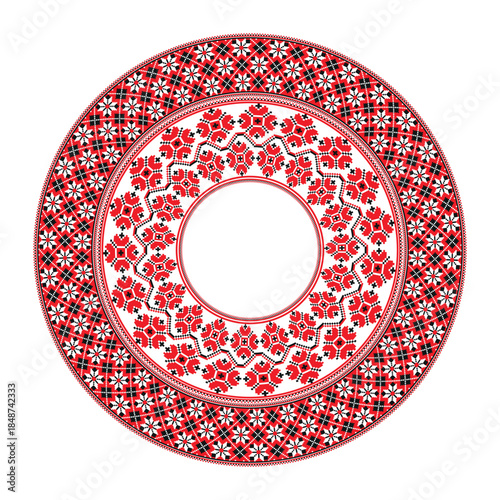 Traditional cross-stitch embroidery motifs in bold red and black. Ethnic border. Traditional folk embroidery frame. Ukrainian, Belarusian, Bulgarian, Slavic embroidery. Cross stitch. Folklore.