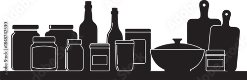 Kitchen pantry items silhouette on a shelf