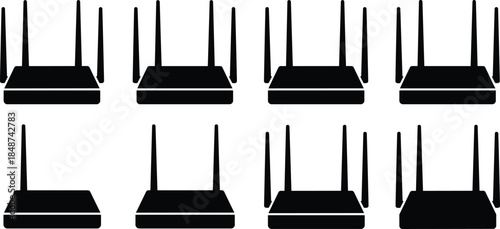 Black vector silhouette collection of modern wireless Wi-Fi routers with different antenna configurations isolated on white background for network technology design.