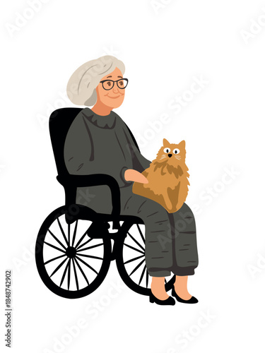 elderly woman on electric wheelchair holding cat