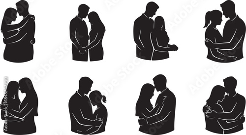 Eight romantic couple silhouette embrace icons