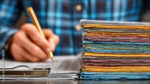 Hand writing on paper with pen, pile of colorful documents in view. Blurred background
