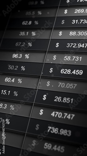 Looping 3D render of dark financial spreadsheet interface showing market quotes, dollar values, percent change and trend icons. Abstract trading analytics backdrop for economy and fintech.