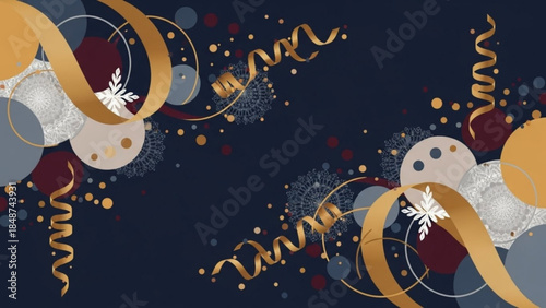 Golden ribbons and snowflakes float on dark background with colorful orbs and confetti