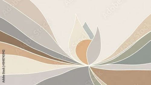 Abstract composition of multicolored curved shapes resembling petals or leaves in shades of beige, gray, and brown on a white background