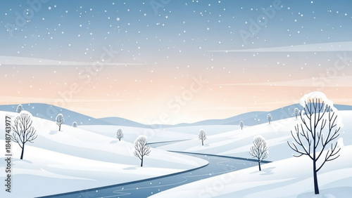 Snowy landscape with winding road and bare trees under snowfall