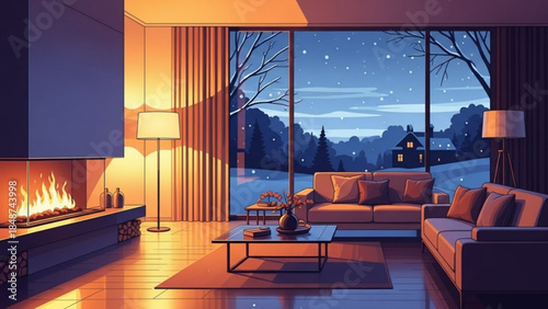 Cozy living room with warm fireplace and comfortable seating area at dusk, snowy landscape outside large window, soft lamp light, modern interior design