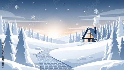 A cozy house with smoke from the chimney stands on a snowy hill surrounded by snow covered trees on a winter day with a brick pathway leading to it under a snowy sky