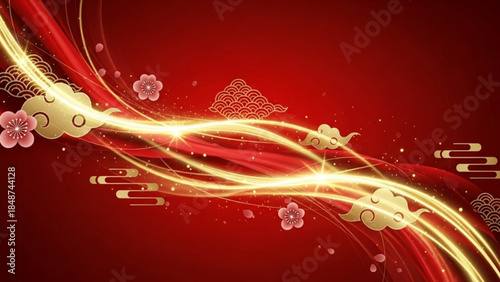 Vibrant red background with golden swirling lines, clouds, and cherry blossoms for chinese new year or festive designs