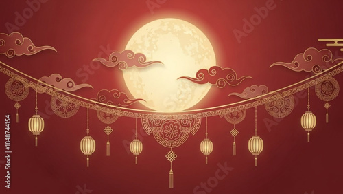 Vibrant red background with glowing full moon shining brightly behind decorative hanging lanterns and intricate golden filigree elements adorned with swirling clouds