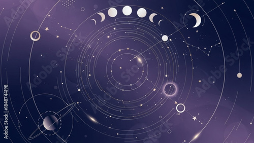 Astronomical illustration of moon phases and planetary orbits in a starry night sky with a large spiral pattern of white lines and dots on a dark blue and purple