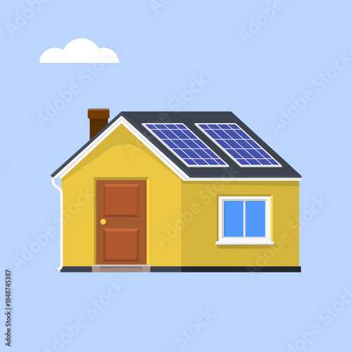 House  With Solar Panel icon.   Home side view flat illustration.  