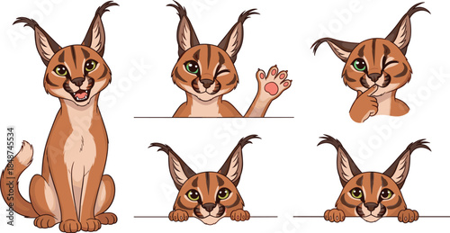 Adorable caracal kittens in various poses isolated on white background, showcasing their playful nature and distinctive tufted ears, perfect for childrens illustrations