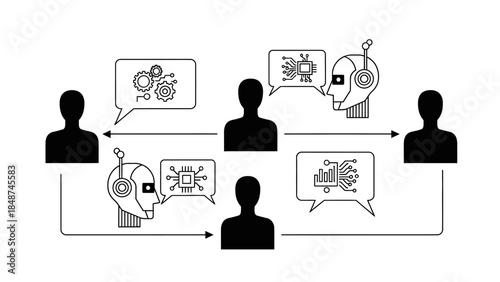 Diagram illustrating human-AI interaction, communication flow, and data exchange in a networked environment.
