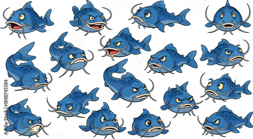 A collection of cartoonish blue fish with grumpy expressions, showcasing a variety of moods and angles, isolated on white background