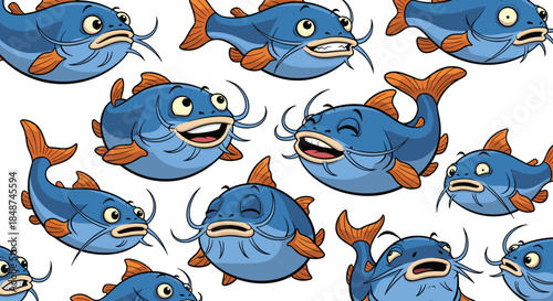 Seamless pattern of cartoon catfish with different emotions isolated on white background funny fish character with various expressions and poses