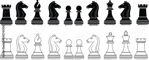 Chess pieces silhouettes and outlines collection isolated on white background, classic board game figures for strategy, education, illustration design projects
