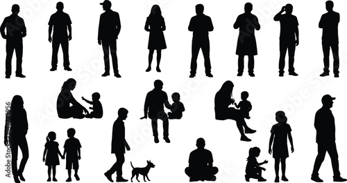 Collection of human silhouettes showing men women children families walking standing sitting isolated on white background for design use projects