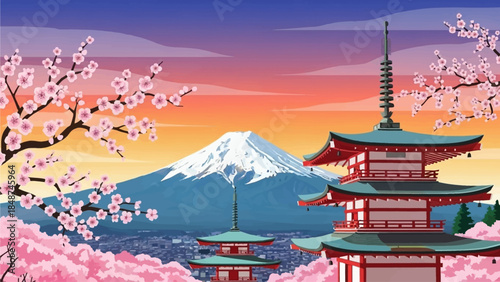 A vibrant illustration of Mount Fuji and traditional pagodas surrounded by cherry blossoms at sunset in Japan.