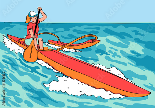 An athlete paddling an outrigger canoe on the ocean. Vector illustration.