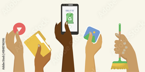 Diverse hands doing digital cleanup. Hands holding play button, folder, smartphone, photo and broom, ideal for teamwork and awareness visuals. Digital cleanup day concept. Vector illustration