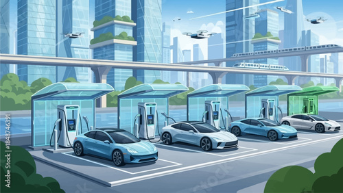 A futuristic city scene with electric cars charging at a modern station, surrounded by skyscrapers, elevated transport, and flying vehicles.