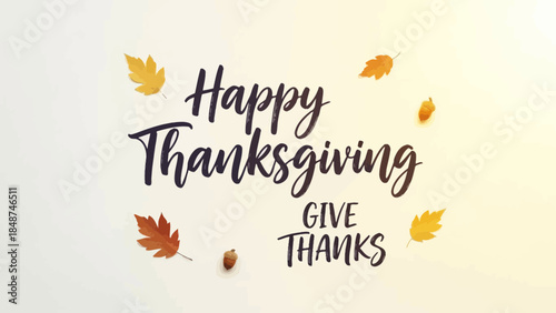 Warm Thanksgiving Greeting with Autumn Leaves and Acorns on Soft Beige Background
