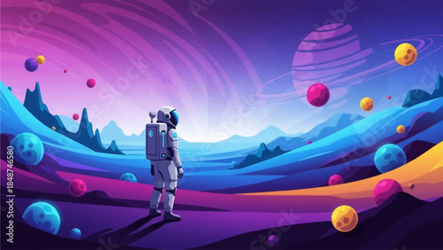 A lone astronaut stands on a fantastical alien world, gazing at a breathtaking cosmic landscape filled with colorful planets.