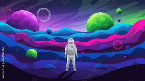 Astronaut exploring a vibrant, surreal alien landscape with colorful planets and flowing terrain.