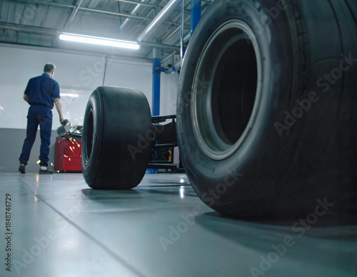 Racing Car Tires in Motorsport Garage with Mechanic Preparing Vehicle