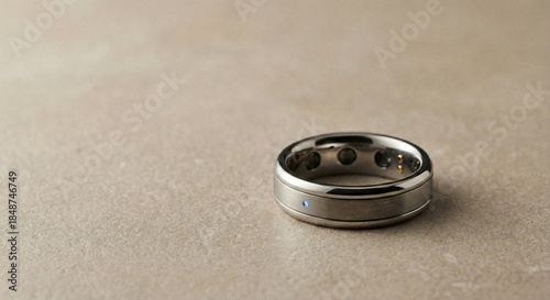 Smart wearable ring on a matte beige surface.