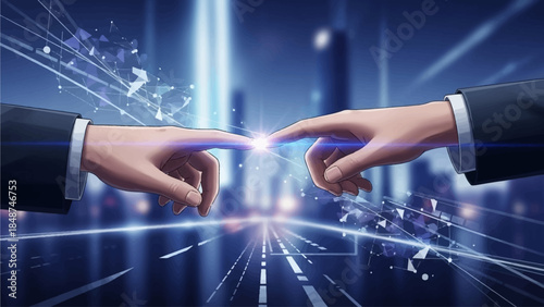 Two business hands almost touching with a glowing connection in a futuristic digital city background.