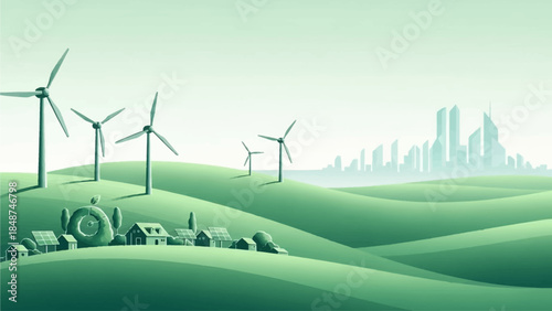 Green landscape with wind turbines, a village, and a distant city skyline, symbolizing sustainable energy and eco-friendly development.