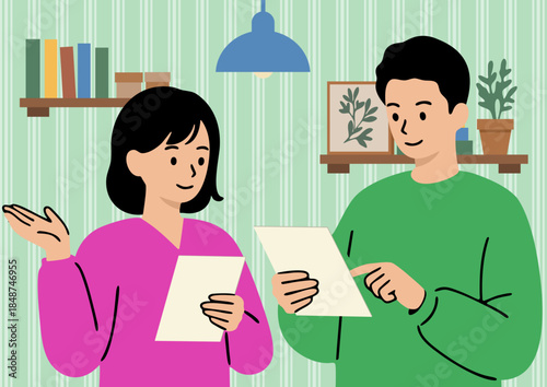 Man and woman discuss business papers documents, standing in a room. Couple reading paperwork for financial planning or home business.