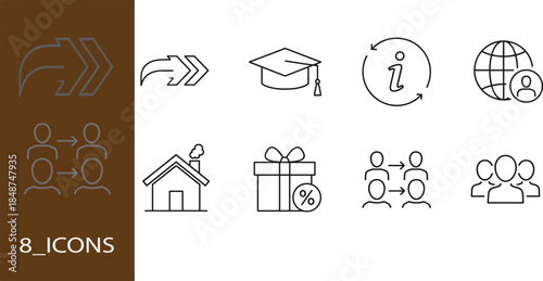 Education and communication line icons set featuring online learning, global users, information cycle, teamwork, gifts, home, transfer concepts